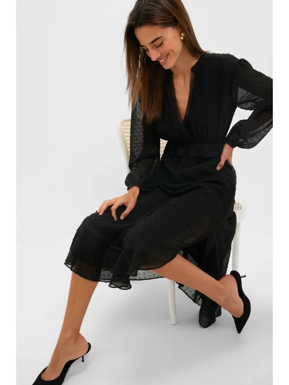 NWT Tuckernuck POMANDER PLACE Selwyn in Black Textured Swiss Dot Midi Dress L